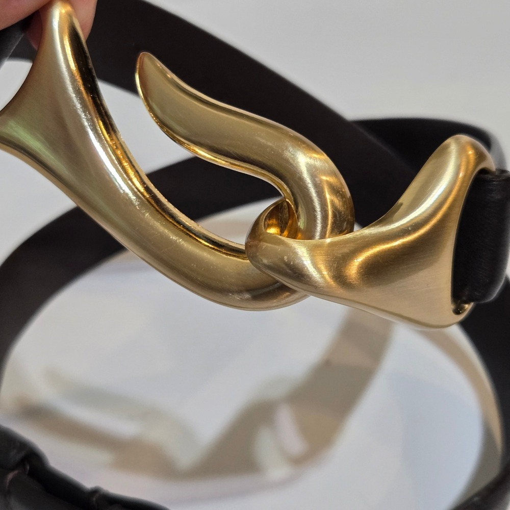 Chico's Leather Belt Women S/M Dark Brown Satin Gold Hook Adjustable 25"-37" - Picture 3 of 7